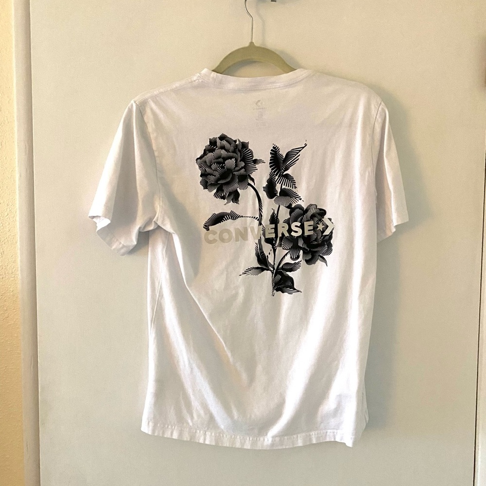 Converse White Tee Shirt with Black Floral Graphic Y2K Skater Artsy Small